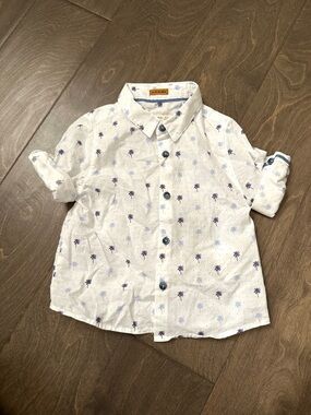 Zara White Button-Down Shirt with Blue Palm Print